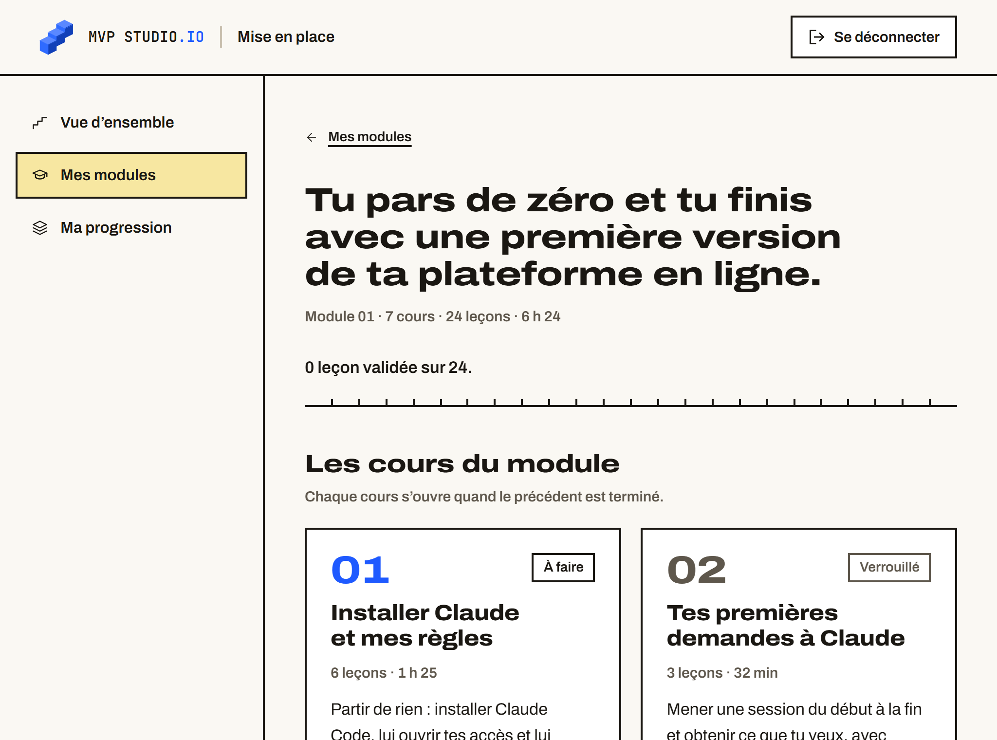 L'espace membre de la méthode, sur la page du module « Mise en place » : 7 étapes, 24 leçons, en commençant par « Installer Claude et mes règles ».